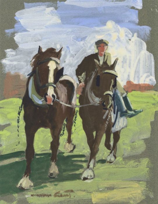 William Norman Gaunt (1918-2001) - Gouache, Shire Horses and Figure
