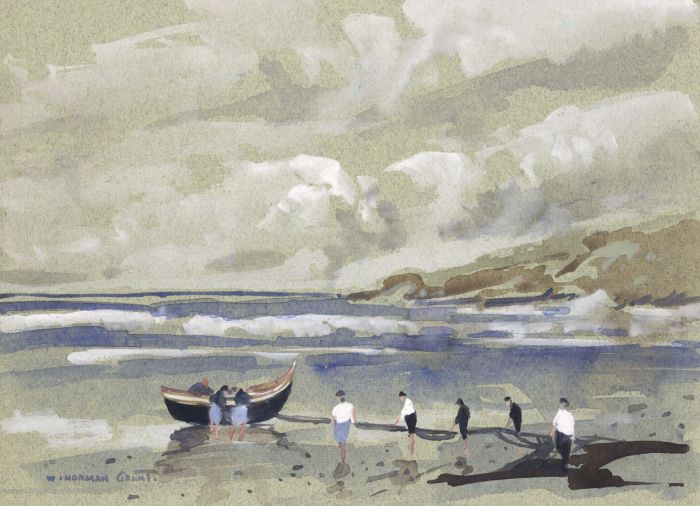 William Norman Gaunt (1918-2001) - Signed Watercolour, Fishermen Mending Nets