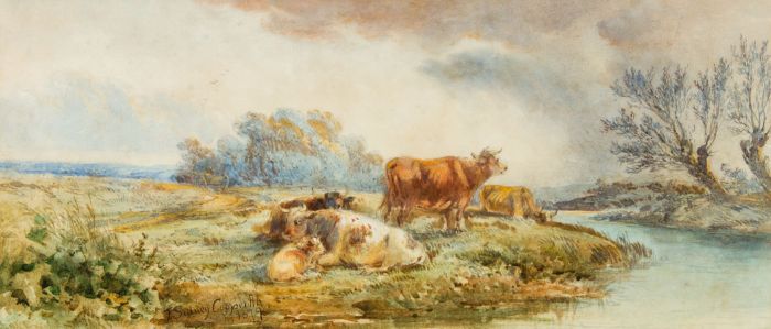 Attrib. to Thomas Sidney Cooper - 1879 Watercolour, Cattle Watering