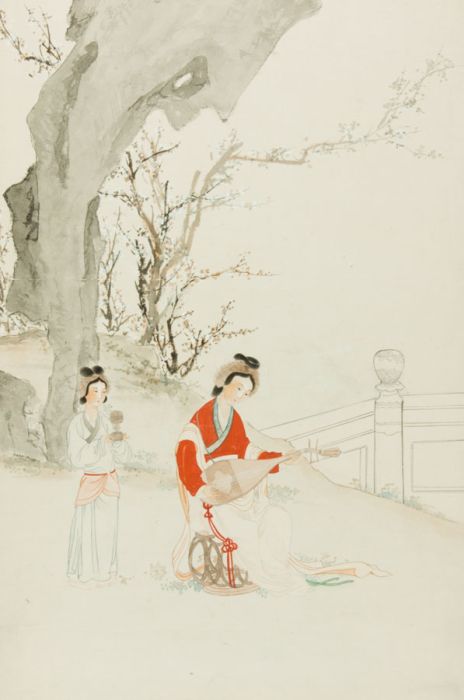 Asian Mid 20th Century Watercolour - Playing Music