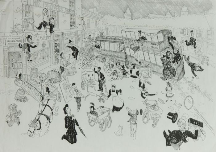Ellis R. - Mid 20th Century Mixed Media, Scene of Chaos