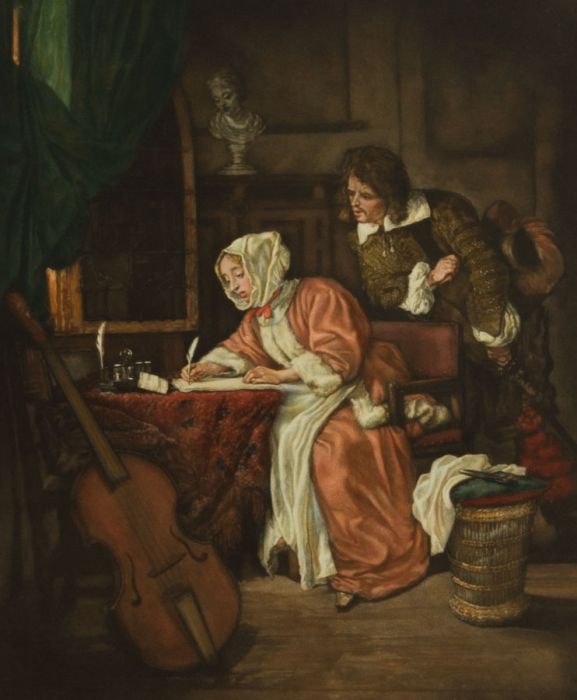 Arthur Hogg after Gabriel Metsu - 1927 Mezzotint, The Letter Writer Surprised