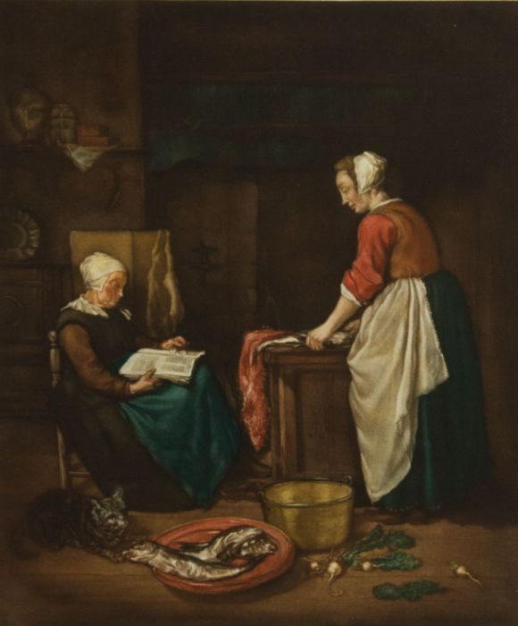 Arthur Hogg after Gabriel Metsu - 1927 Mezzotint, An Old Woman Asleep