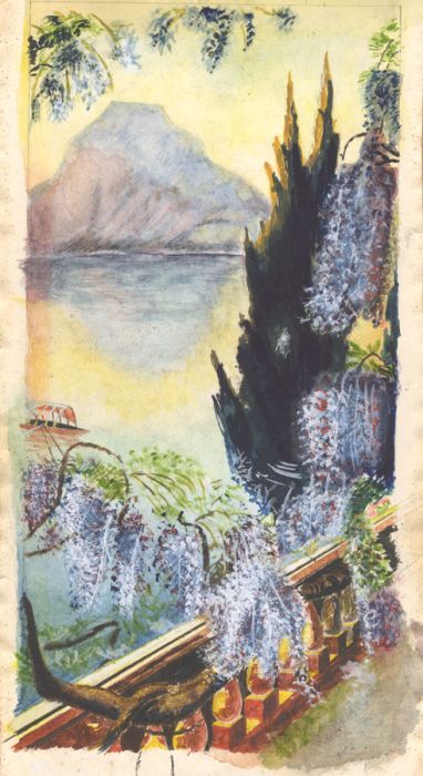 Contemporary Watercolour - River Landscape with Distant Mountain 