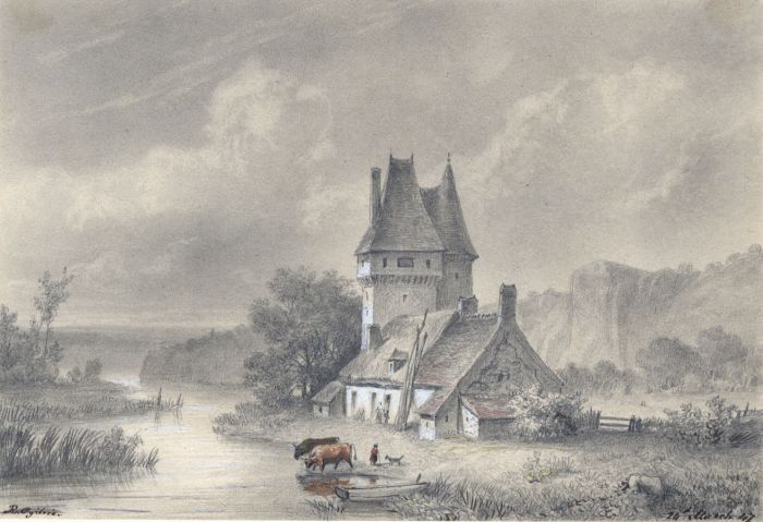 R. Ogilvie - 1847 Graphite Drawing, River Landscape with House and Cattle