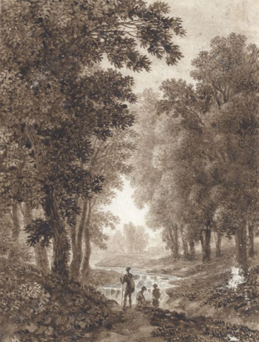 Sepia 1805 Watercolour - Figures in a River Landscape