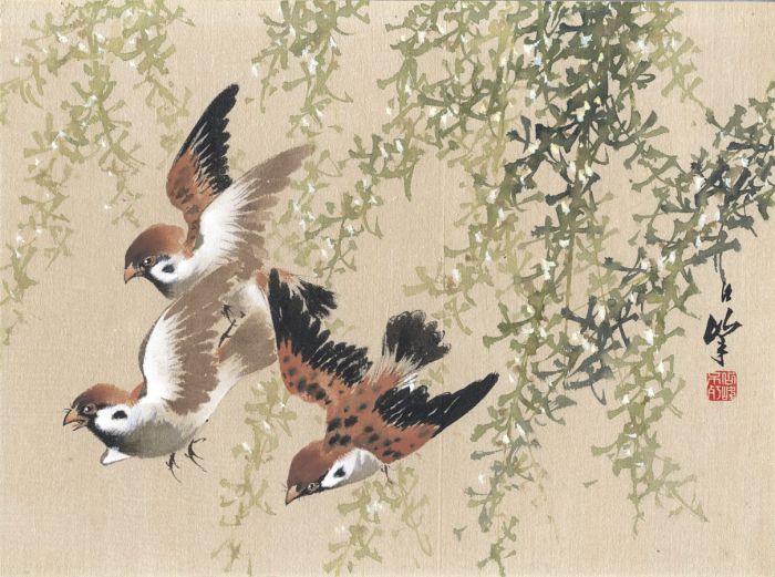 Japanese 20th Century Watercolour - Swooping Birds