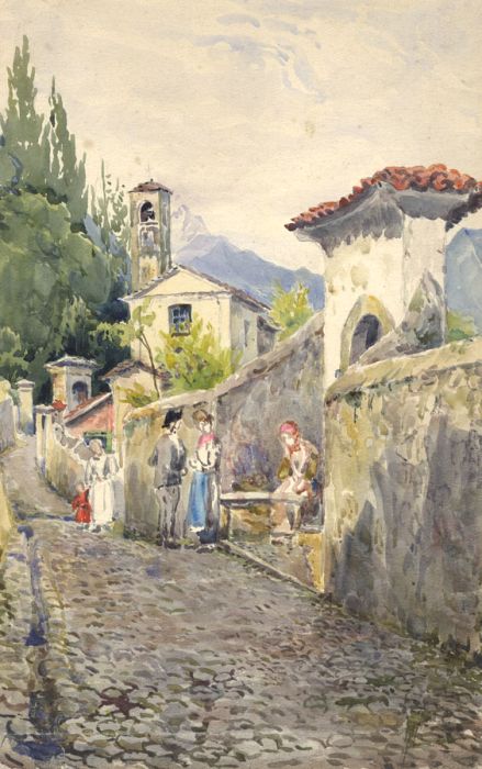 1897 Watercolour - Street Scene Near Lake Como