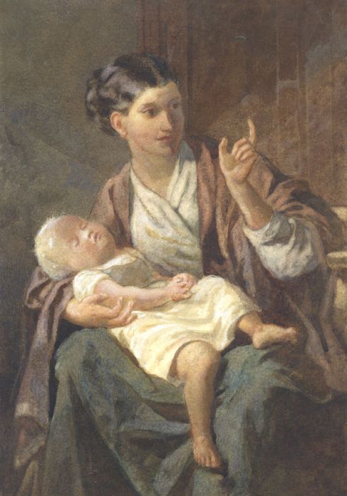 Attributed to F. William Burton (1816-1900) - Watercolour, Mother and Child