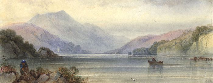 S.H. - 19th Century Watercolour, Lake Landscape