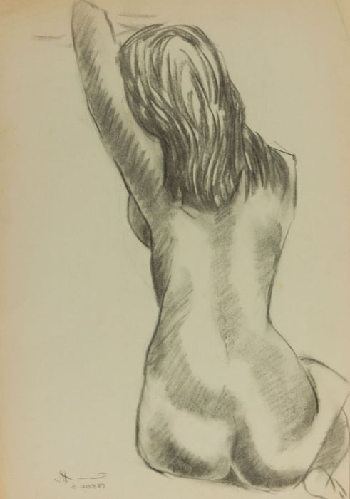 20th Century Charcoal Drawing - Kneeling Female Nude