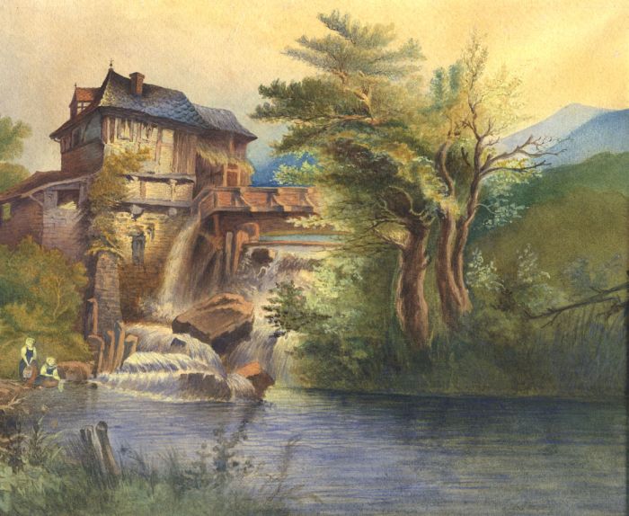 19th Century Watercolour - Mill in a River Landscape