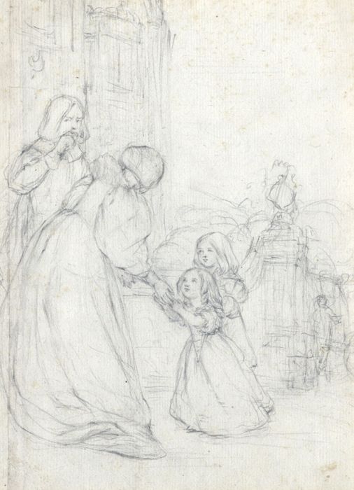 19th Century Graphite Drawing - Young Girls with Mother and Father