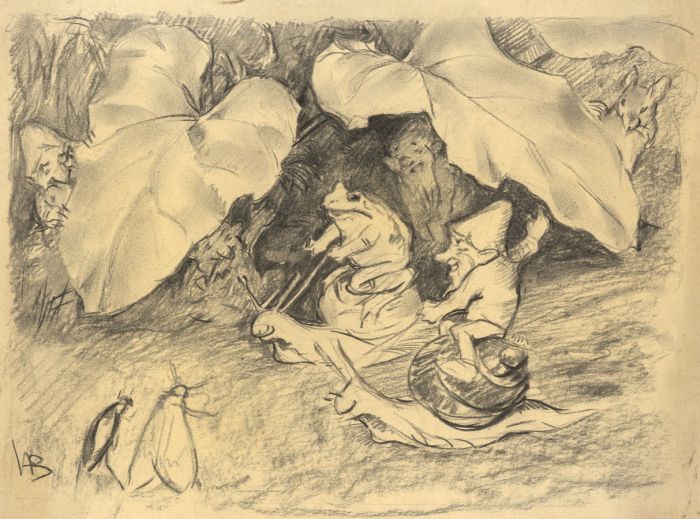 Hans James Berthold (b.1884) - Early 20C Charcoal Drawing, Frogs and Gnomes