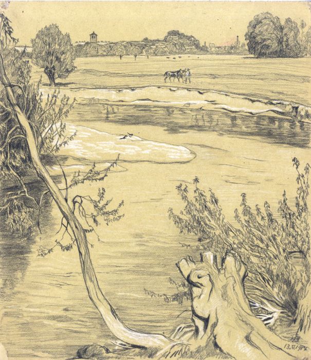 Hans James Berthold (b.1884) - 1917 Charcoal Drawing, Lake View