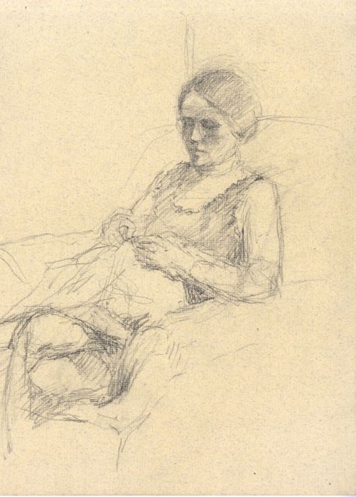 Maurice Feild (1905-1988) - Charcoal Drawing, Portrait of a Woman Knitting