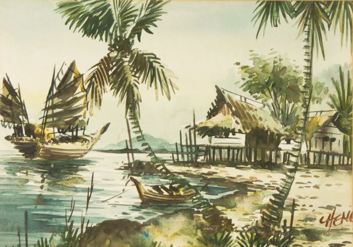 Signed Contemporary Watercolour - South East Asian Beach Scene
