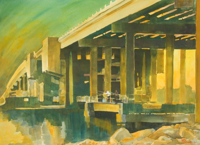 William Crowell - Large Contemporary Acrylic, Fishing on a Harbourside