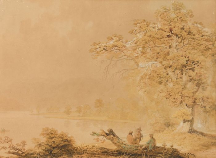 Manner of Samuel Palmer (1815-1881) - Watercolour, Figures in a Landscape