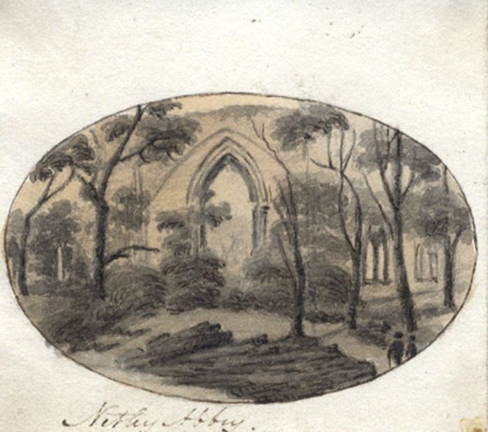 M. S. Jeffs - Fine Miniature 1817 Pen and Ink Drawing, Notley Abbey