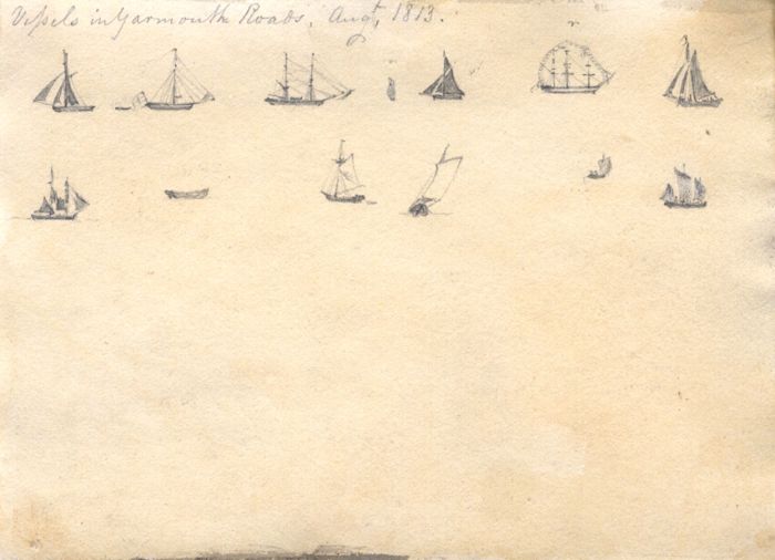 M. S. Jeffs - Fine 1813 Graphite Drawing, Miniature Studies of Ships