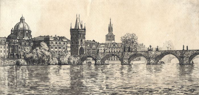 Signed 20th Century Etching - View of Prague