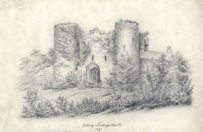 English School 1847 Graphite Drawing - Gateway Tonbridge Castle
