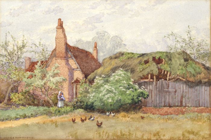 James Matthews - 19th Century Watercolour, Woman and Child Outside Cottage
