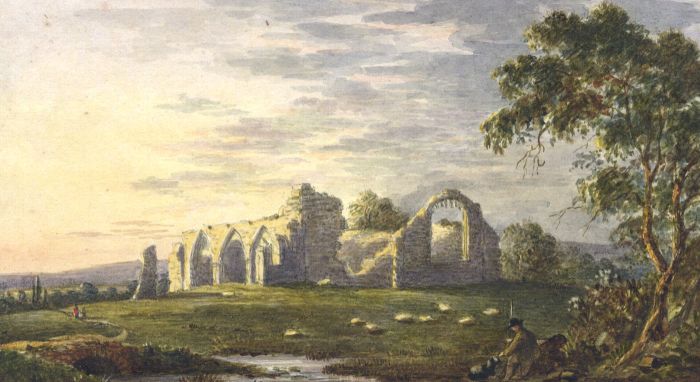 Fine 19th Century Watercolour - Dusk Landscape with Figures and Church Ruins