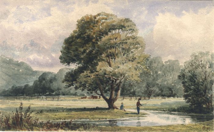 R.J.D. - 1880 Watercolour, Figures Fishing in a Landscape