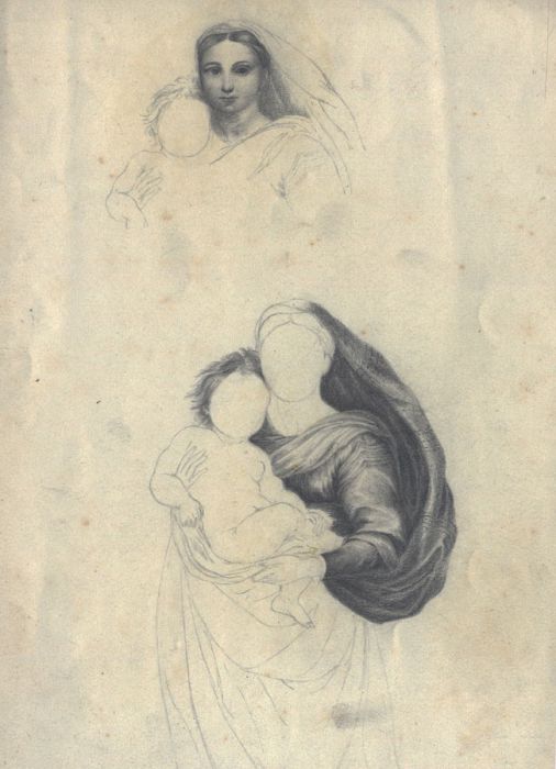 Henry P. Stevens- 20th Century Graphite Drawing, Studies of the Virgin and Child