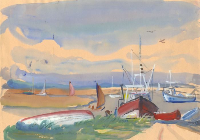 Jean Dryden Alexander (1911-1994) - 1989 Gouache, Boats at Walton-on-the-Naze