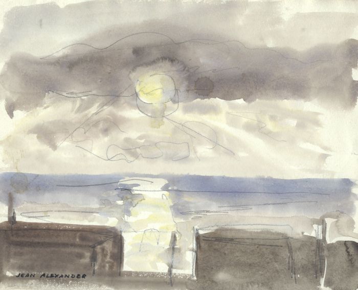 Jean Dryden Alexander (1911-1994) - Watercolour, Sunset at a harbour