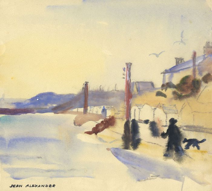 Jean Dryden Alexander (1911-1994) - Watercolour, Figure and Dog on a Beach