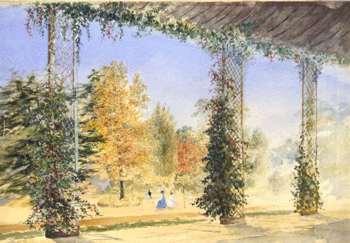 Mid 20th Century Watercolour - Victorian Figures in a Garden