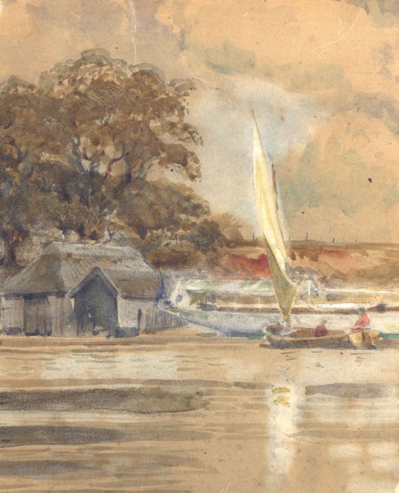 Late 19th Century Watercolour - River Landscape with Boat Yard