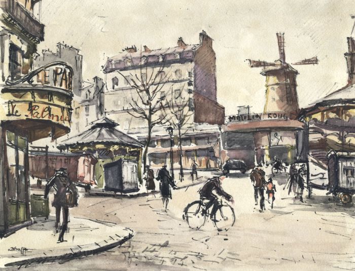 Mid 20th Century Chromolithograph - Place Blanche, Paris