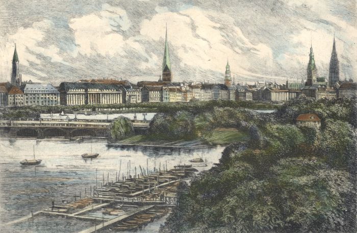 Signed Early 20th Century Etching - Lombardsbrücke Hamburg