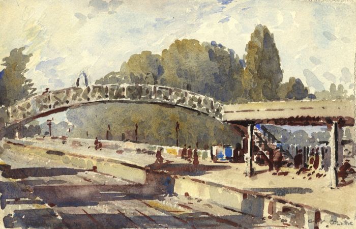 George William Collins (1863-1949) - Watercolour, Rail Station and Figures