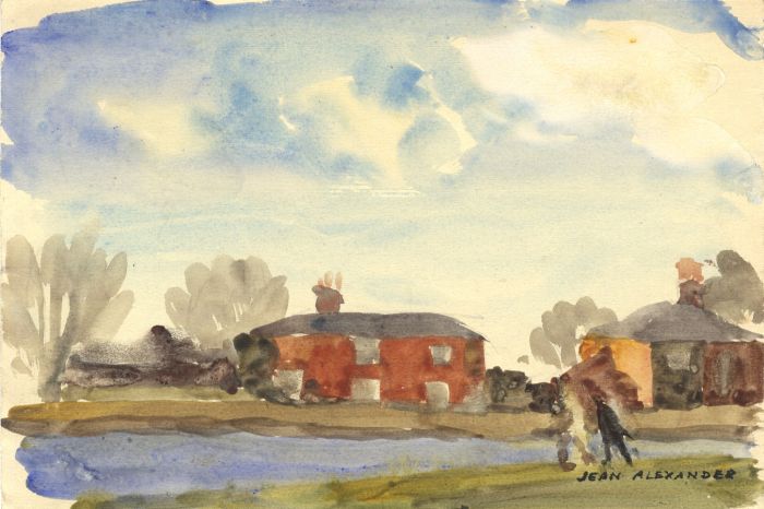 Jean Dryden Alexander (1911-1994) - Signed Watercolour, Figures by Houses