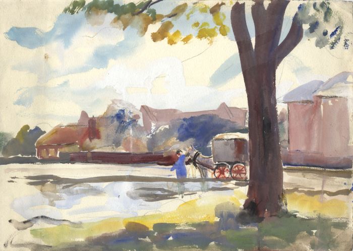 Jean Dryden Alexander (1911-1994) - Watercolour, Figure with Horsecart
