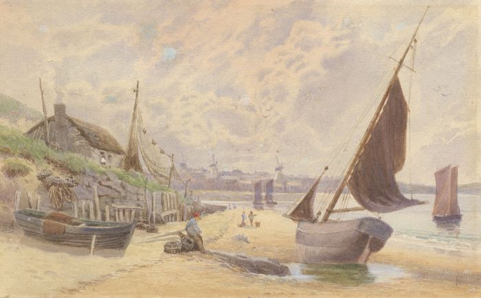 F.B. - 19th Century Watercolour, Coastal Scene with Windmills