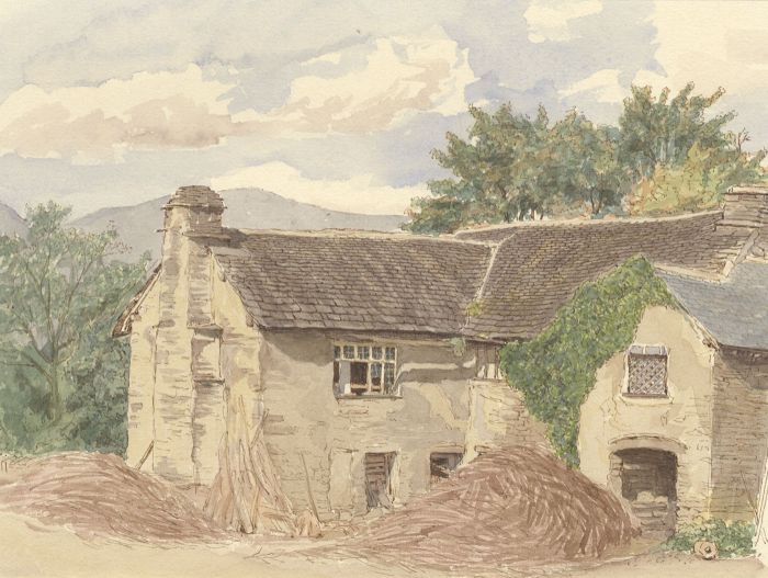 1871 Watercolour - Hay Piled in a Farm Yard, trout beck