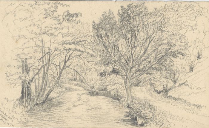 1871 Graphite Drawing - River Landscape