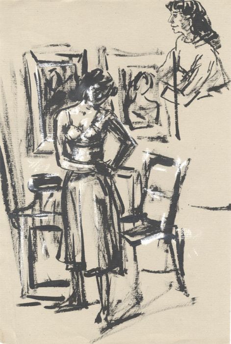 Peter Collins ARCA - c.1970s India Ink, Woman in an Interior