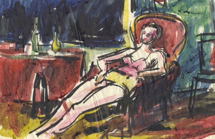 Peter Collins ARCA - c.1970s Mixed Media, Woman Reclining in Chair