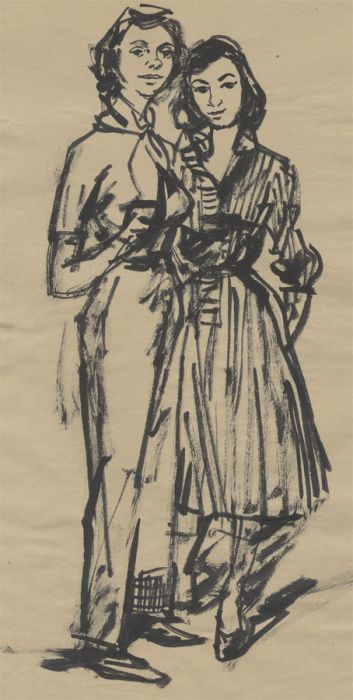 Peter Collins ARCA - c.1970s India Ink, Full Length Study of Two Women