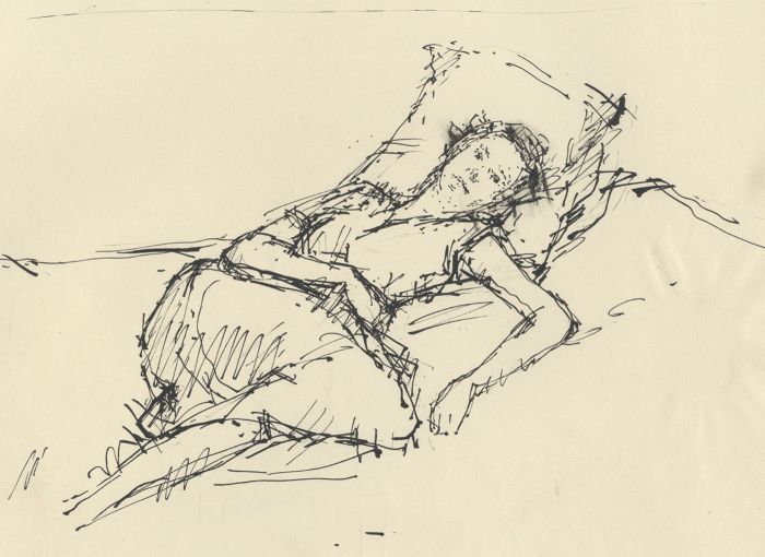 Peter Collins ARCA - c.1970s Pen and Ink Drawing, Woman Lying on a Bed