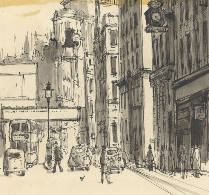 Peter Collins ARCA - c.1970s Pen and Ink Drawing, London Street Scene