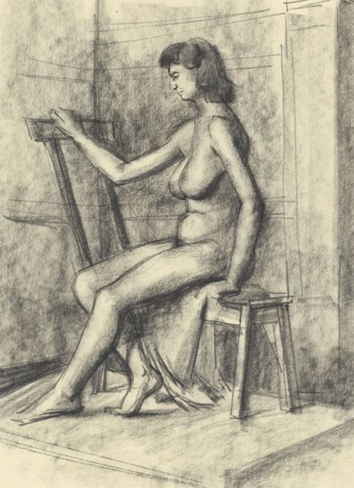 Peter Collins ARCA - 1949 Charcoal Drawing, Nude Seated on a Chair